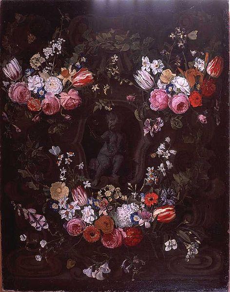 Jan Philip van Thielen Garland of flowers surrounding cherub in grisaille